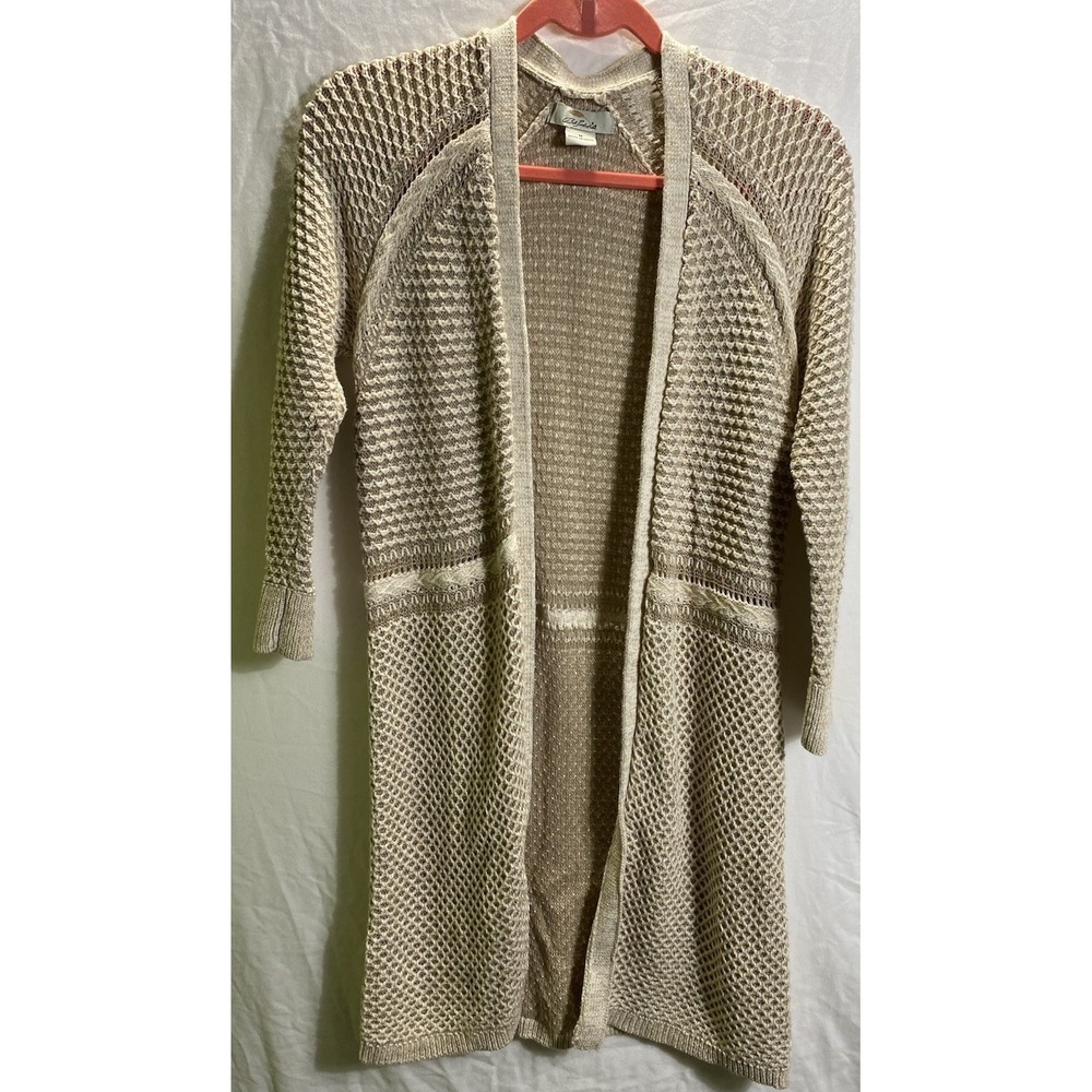 Bob Timberlake Women Tan Cream Open Front Textured Longline Cardigan Sweater M